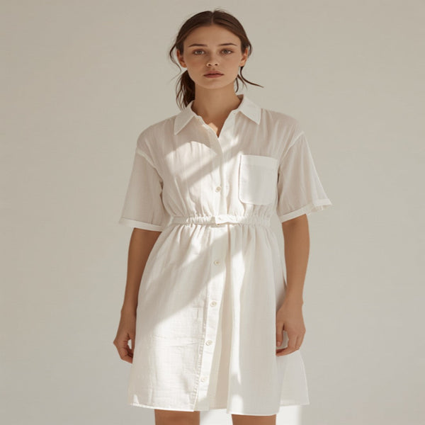 Button-down dresses UK 2026 — ivory linen editorial Canva image