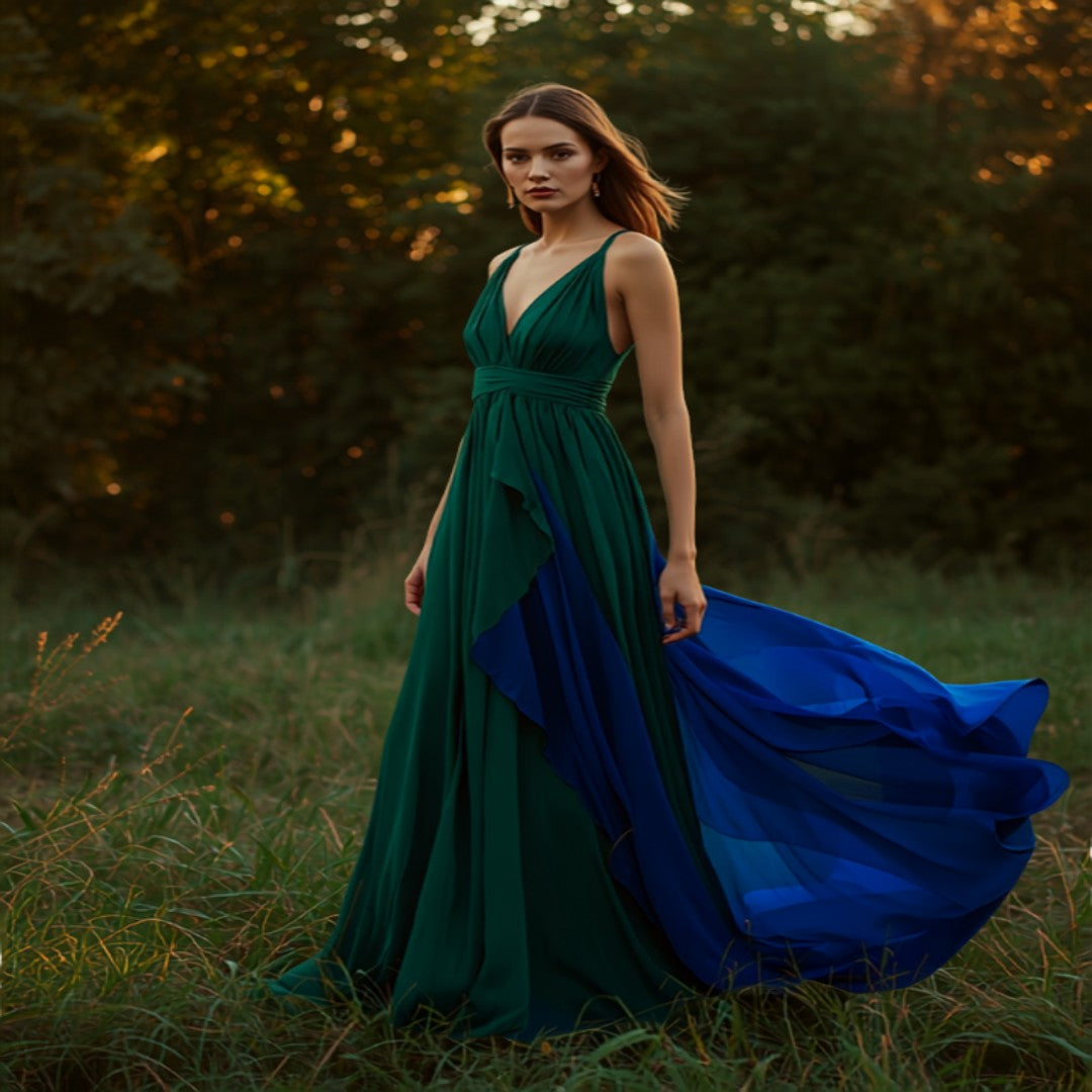 Maxi dresses UK 2026 — emerald flowing dress editorial Canva image