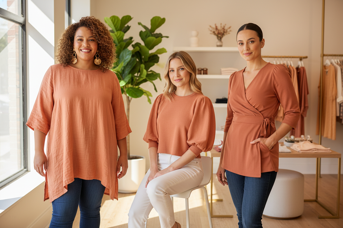 Trendy apricot tunic tops styled by women for versatile, affordable, and eco-friendly fashion inspiration