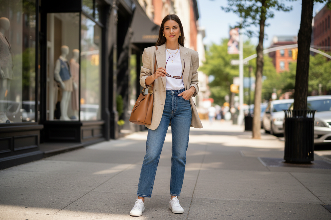 Chic affordable outfits for women featuring a blazer, jeans, and sneakers for stylish city looks