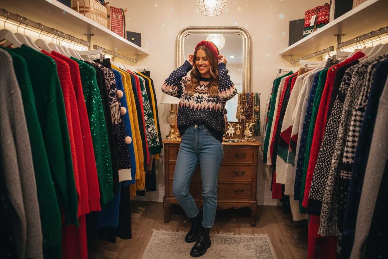 Trendy Christmas sweater fashion ideas for women featuring cozy styles and festive wardrobe inspiration