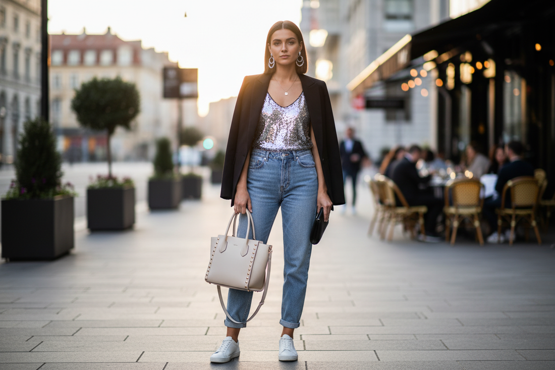 Chic city look showing how to style sequin tops with jeans, blazer, and sneakers for modern women