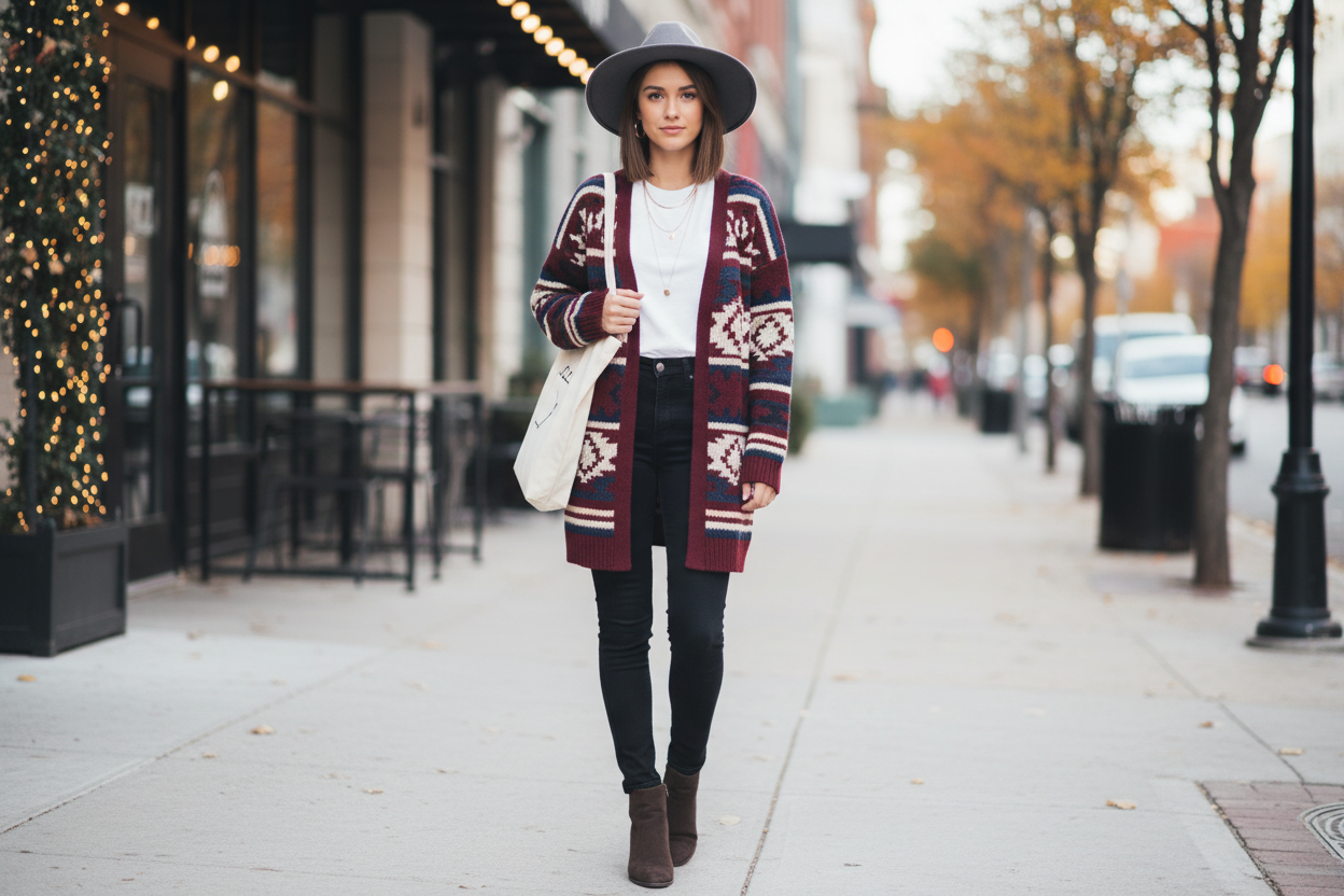 Chic aztec print cardigan styling with a wide-brim hat and boots for trendy fall streetwear inspiration