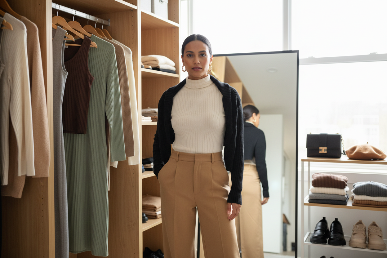 Chic ribbed knit styling ideas for women featuring a modern closet with versatile outfit inspiration