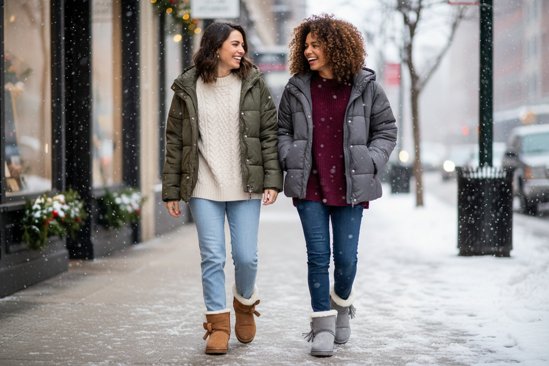 Women wearing cozy winter boots and jackets, showcasing stylish alternatives to Ugg for cold weather fashion