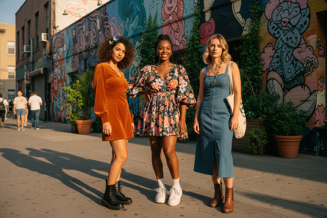 Women showcase trendy dress styles with vibrant street fashion inspiration for modern, budget-conscious shoppers