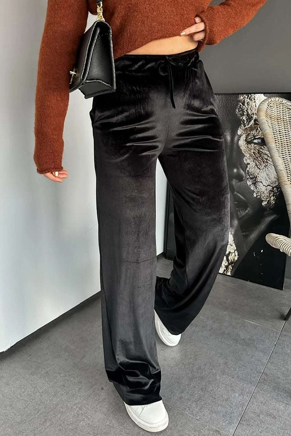 Featured image for Latest Trends: Black Velvet Straight-Leg Drawstring Trousers
