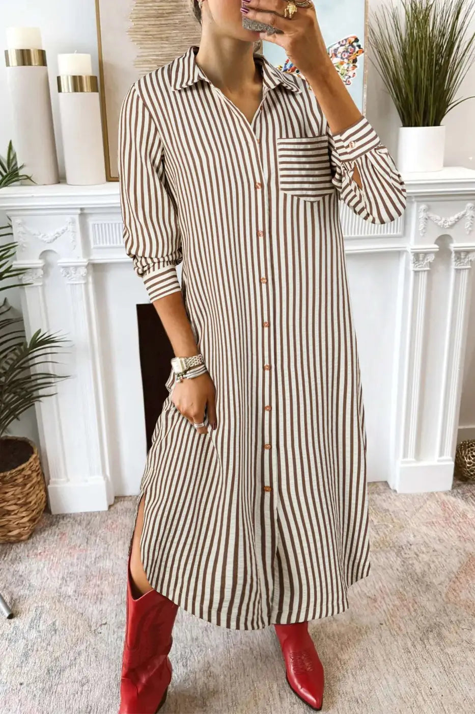 Brown striped button-front midi shirt dress — the best midi shirt dress UK 2026 from Fashionfitz