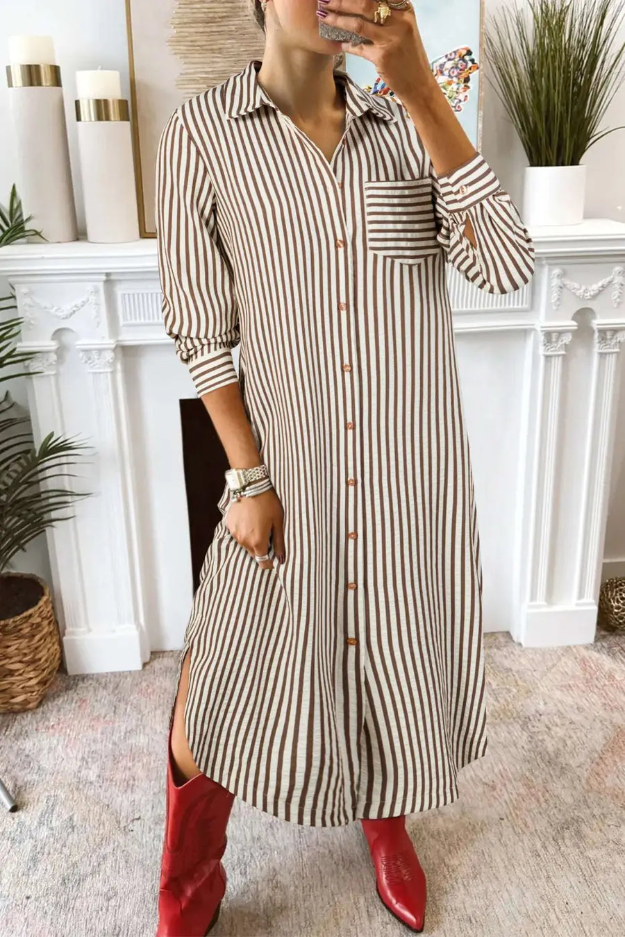 Brown striped button-front midi shirt dress — the best midi shirt dress UK 2026 from Fashionfitz