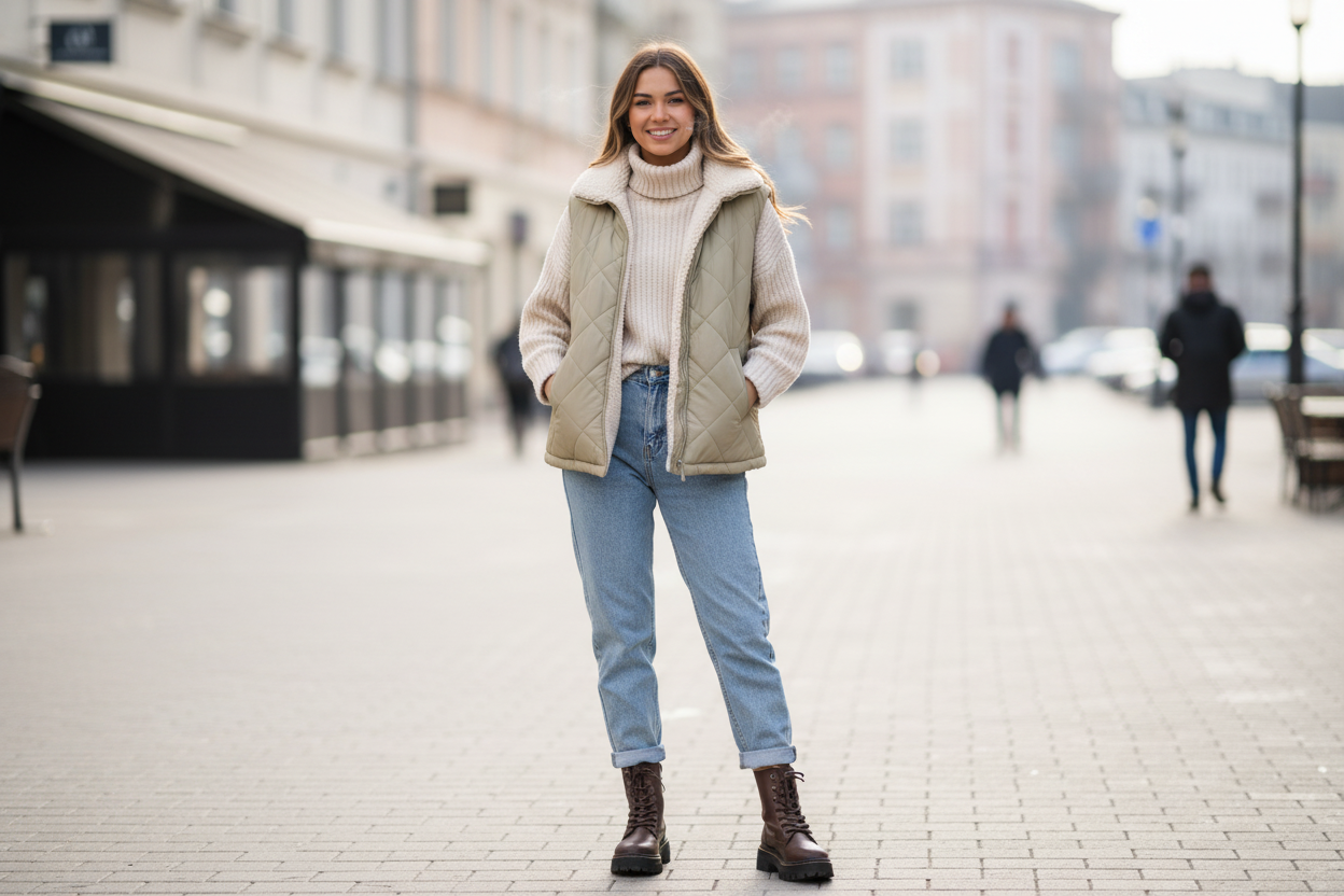 Trendy fleece lined gilet styled with jeans and boots for cozy, budget-friendly winter fashion inspiration