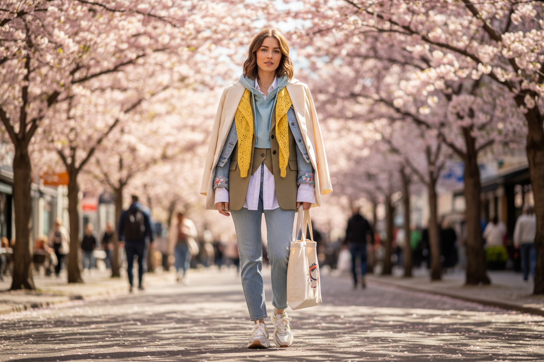 Chic spring layering tops styled for women under blooming cherry blossoms, perfect for affordable seasonal outfits