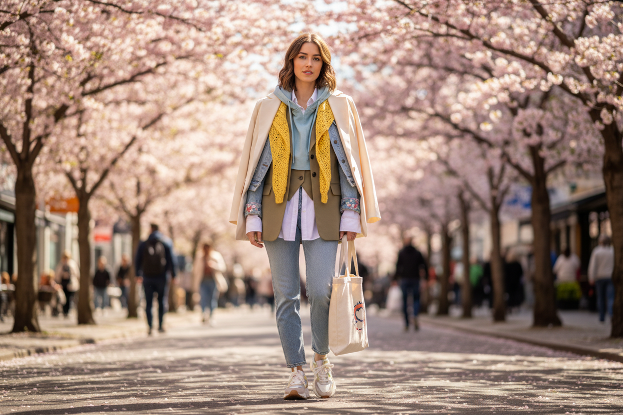 Chic spring layering tops styled for women under blooming cherry blossoms, perfect for affordable seasonal outfits