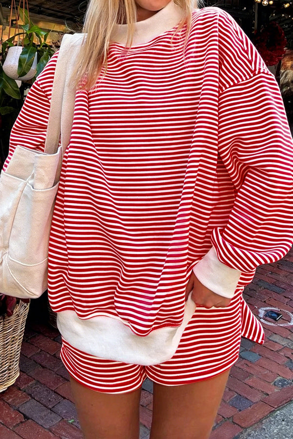 How to wear loungewear outside UK women 2025 — striped sweatshirt and shorts set street style