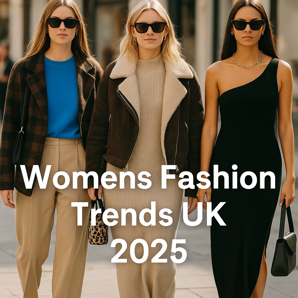 Three stylish women walking confidently in 2025 UK street style outfits, representing women’s fashion trends with chic tailoring, knitwear, and minimal accessories.