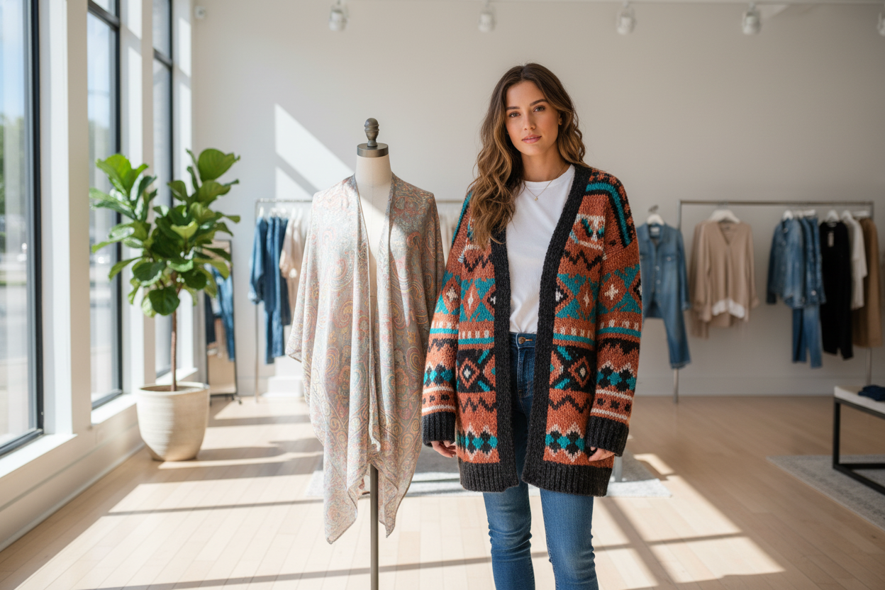 Trendy aztec cardigan styled for women, perfect for cozy fall outfits and budget-friendly fashion inspiration