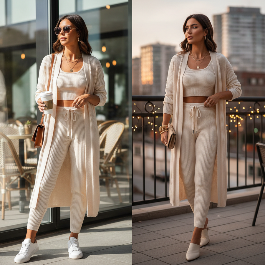 Woman styling a 3-piece loungewear set with accessories in an urban setting