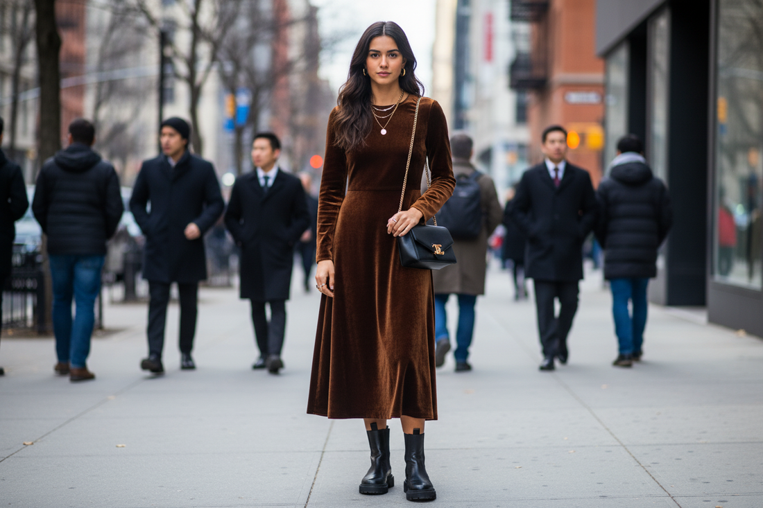 Chic brown velvet dress styled for city street fashion and affordable wardrobe inspiration