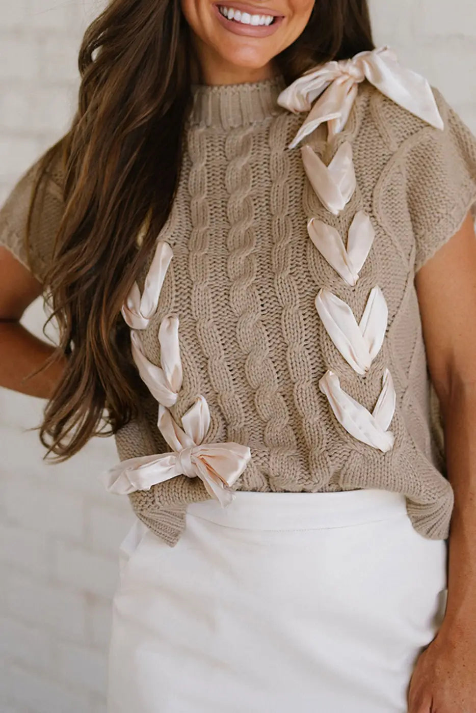 Chic Taupe Cable Knit Sweater | Satin Bow Short Sleeve Elegance