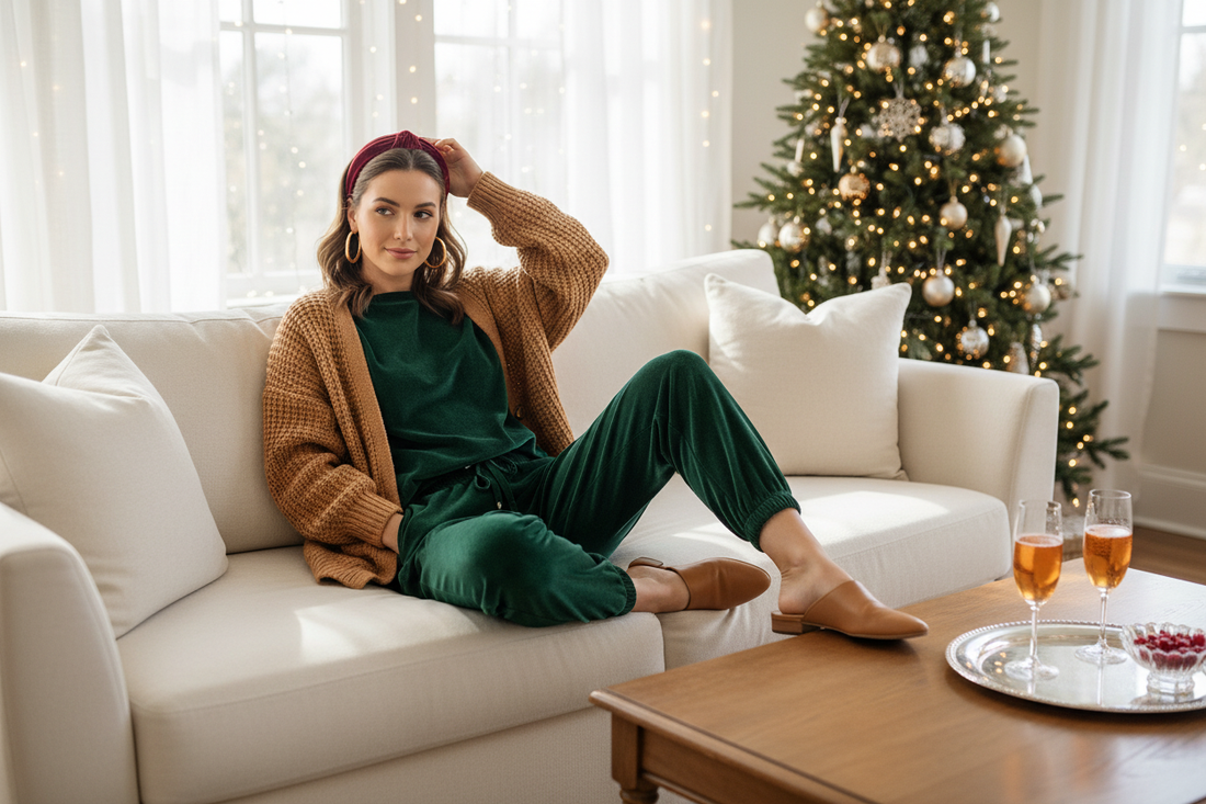 Cozy holiday loungewear styling inspiration for women relaxing at home by a festive Christmas tree