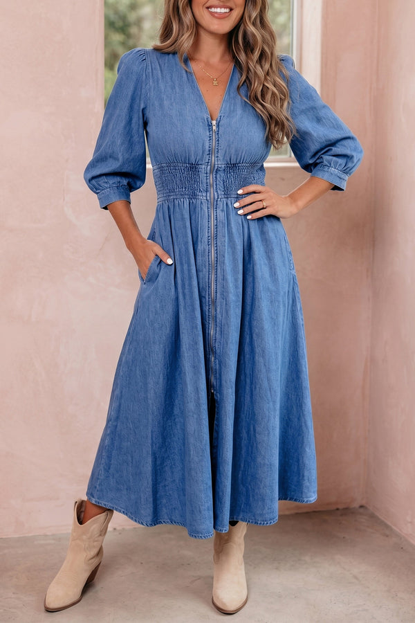Blue V neck denim midi dress — scarf top and 90s style outfit UK 2026 from Fashionfitz