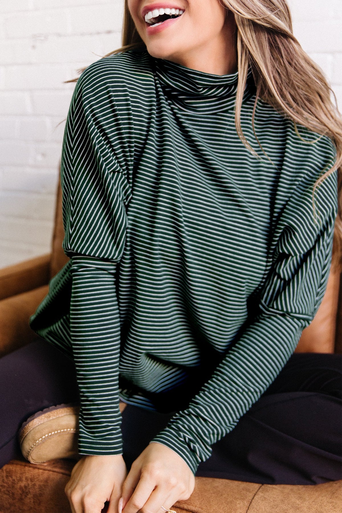 Green stripe high neck dropped shoulder long sleeve top — layered tops outfit UK 2026 from Fashionfitz