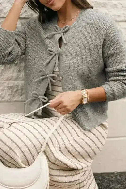 Bow Buttons Cardigan - Grey Ribbed Knit