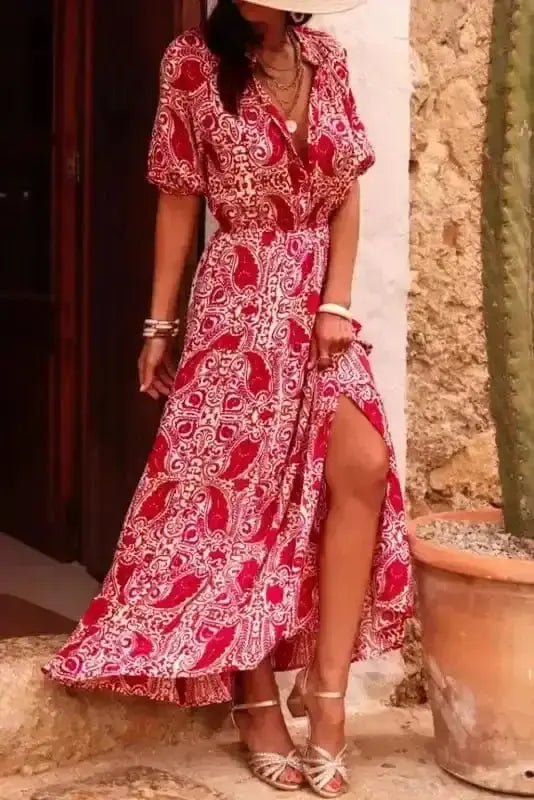 Red paisley puff sleeve high waist side slit maxi dress — best red statement dress UK Fashionfitz