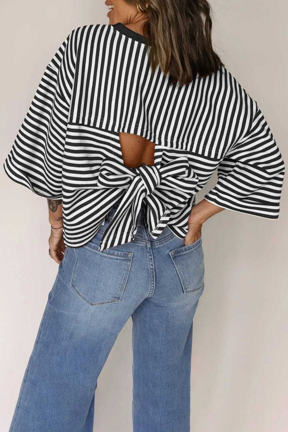 BowVogue Women's Striped T-Shirt – Soft Cotton Bow Neck Casual Top