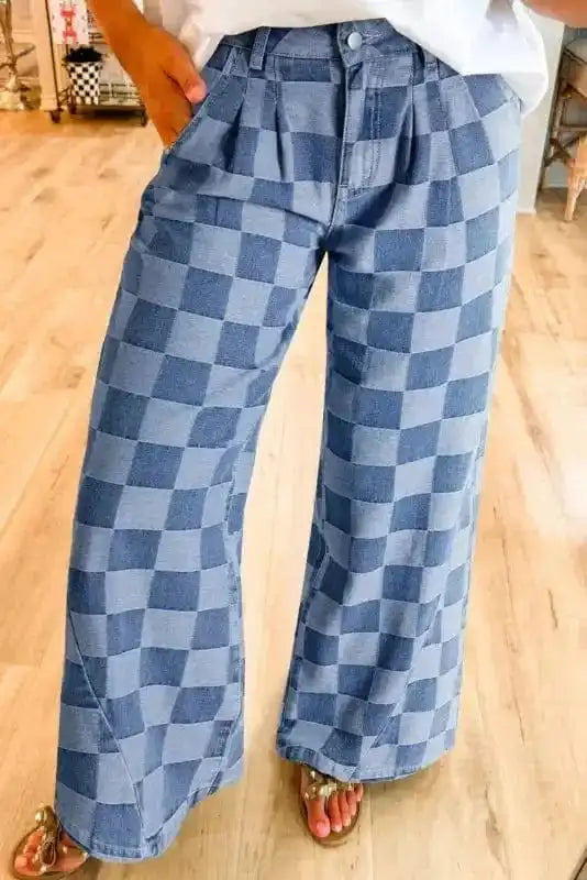 Checkered Denim Wide-Leg Jeans - Trendy and Comfortable