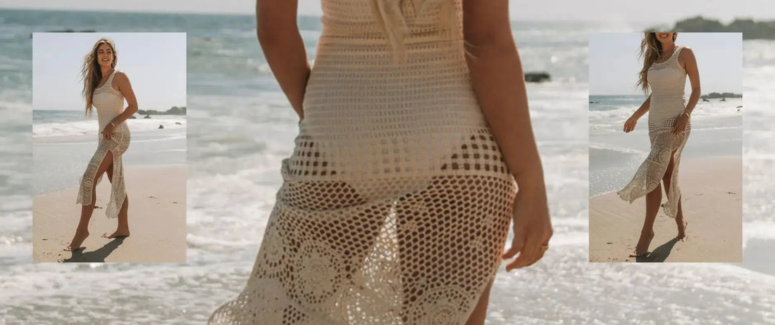 Stylish Plus-Size Fashion Swimwear with Crochet Details on the Beach