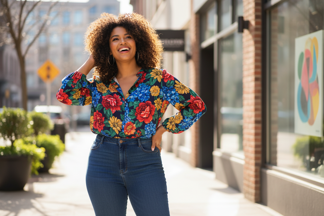 Confident woman showcases plus size floral blouse styling with high-waisted jeans for chic streetwear inspiration