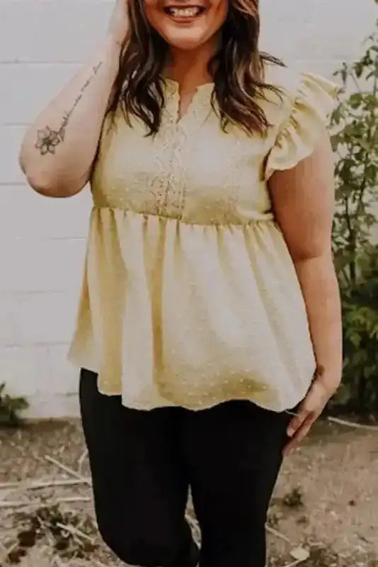 Featured image for Elegant Plus Size Swiss Dot Lace Trim Babydoll Top Review