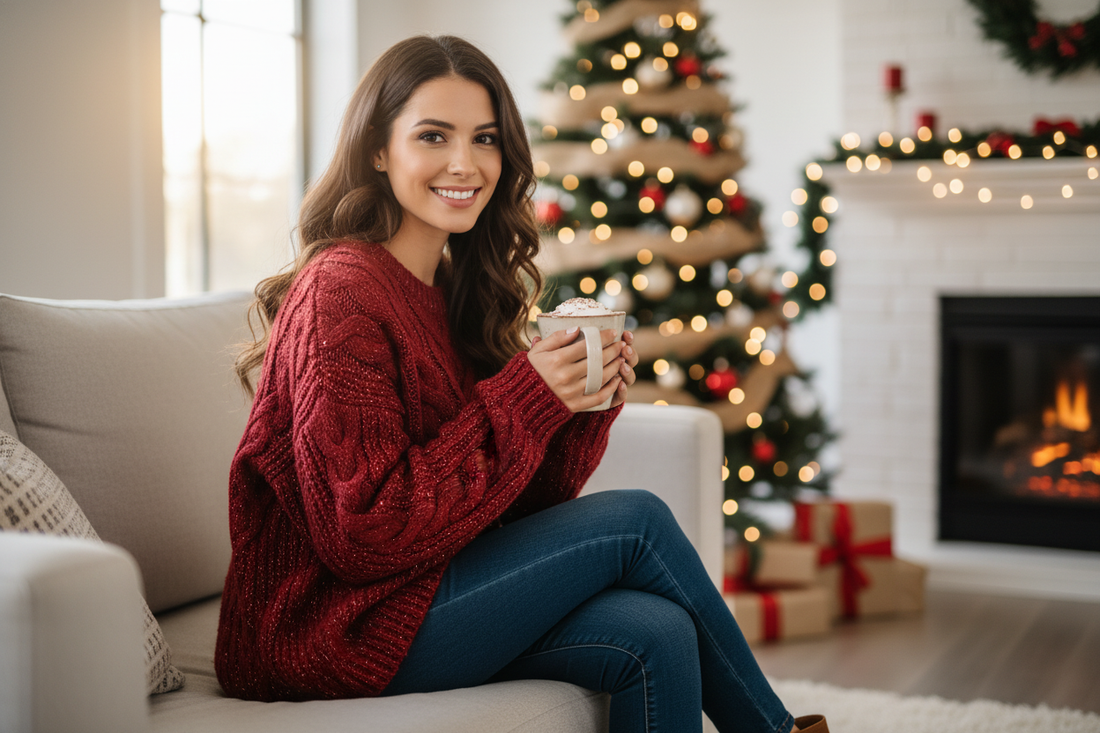Woman wearing festive cable knit sweaters enjoying hot cocoa by a Christmas tree for cozy holiday style