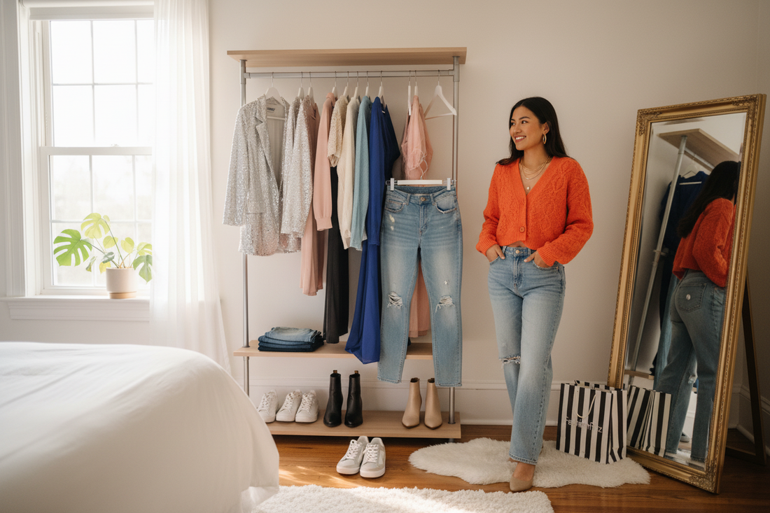 Trendy fashionfitz outfit ideas for women featuring stylish jeans and cozy sweaters for budget-friendly wardrobes