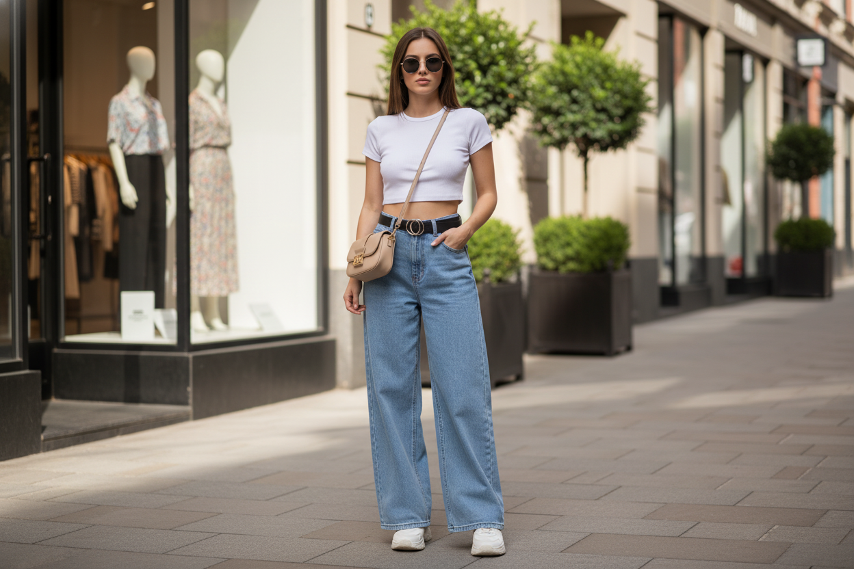 Trendy street style inspiration on how to style wide leg pants with a crop top and sneakers