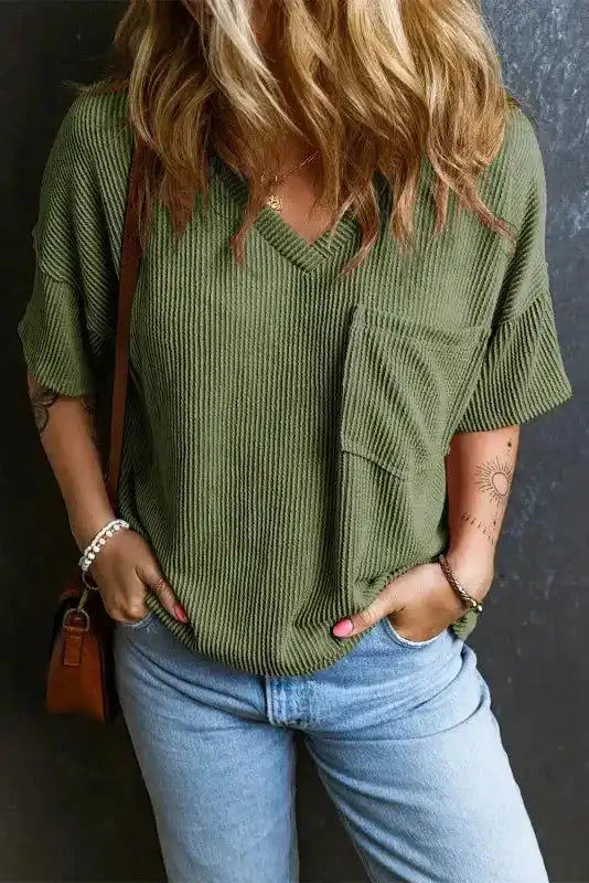 Featured image for In-Depth Review: Corded V-Neck Loose T-Shirt with Chest Pocket
