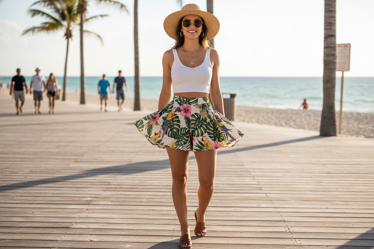 Woman wearing tropical print lambada shorts and sunhat enjoying a stylish beach boardwalk stroll