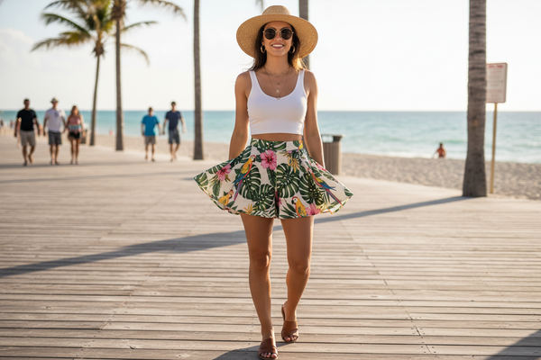 Woman wearing tropical print lambada shorts and sunhat enjoying a stylish beach boardwalk stroll