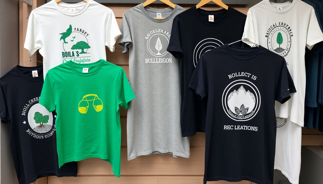 A collection of eco-friendly graphic t-shirts displayed