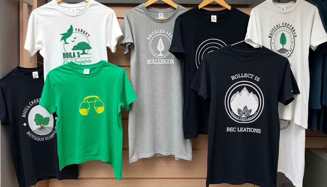 A collection of eco-friendly graphic t-shirts displayed