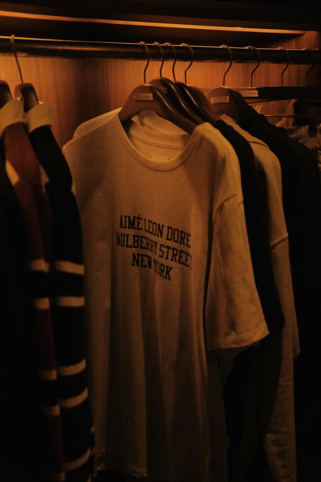 A closet with clothes hanging on a rack