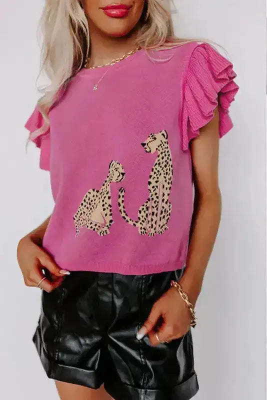 Featured image for Unveiling the Pink Leopard Knit Sweater with Ruffled Sleeves Review
