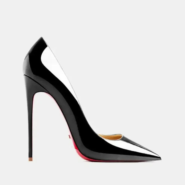 Real leather red bottom pointed toe stiletto pumps in black — luxury women's high heels at Fashionfitz UK