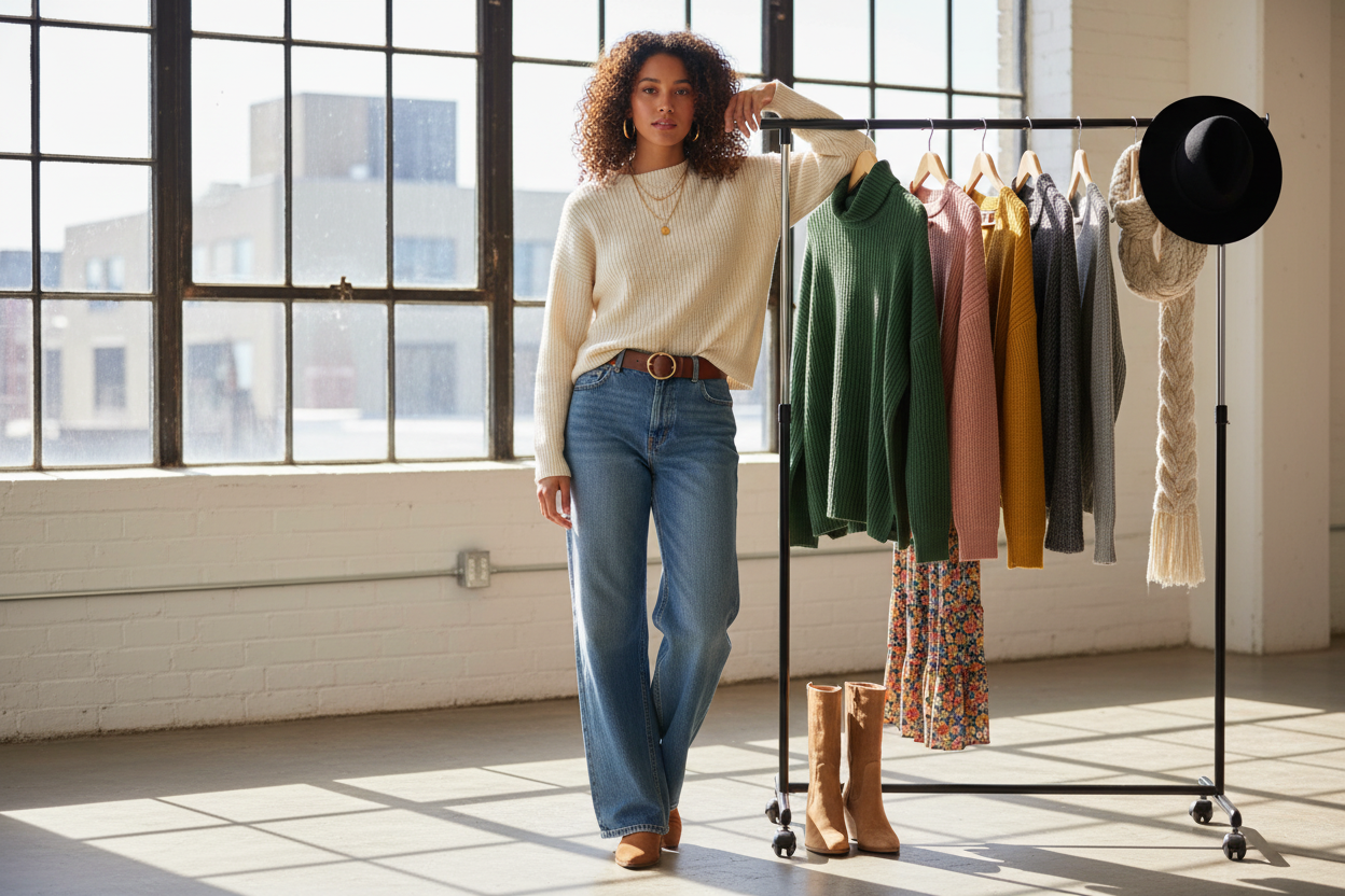 Trendy ribbed knit sweater styling ideas for women with casual jeans and colorful wardrobe inspiration