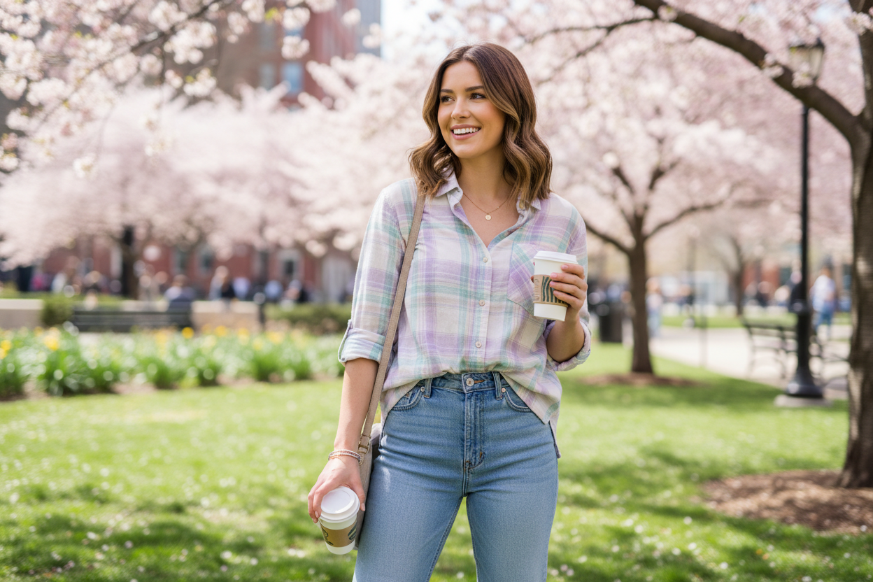 Trendy women's plaid button-up shirts styled for spring outings and casual everyday fashion inspiration