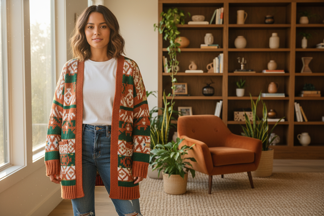 Woman wearing a trendy aztec cardigan styled with jeans, perfect for cozy and affordable fall fashion