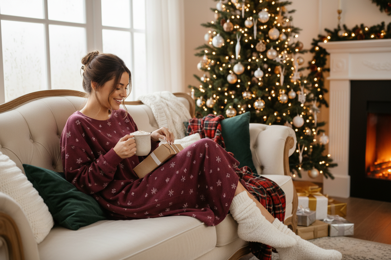 Woman relaxing in a cozy Christmas lounge dress by the tree, perfect for festive comfort and style
