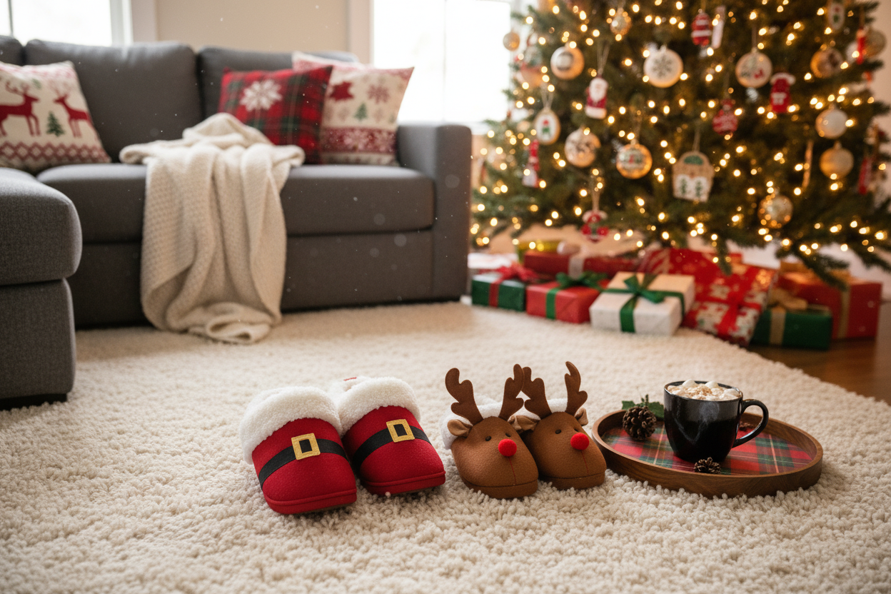 Festive Christmas slippers for home with Santa and reindeer designs add cozy holiday style by the tree