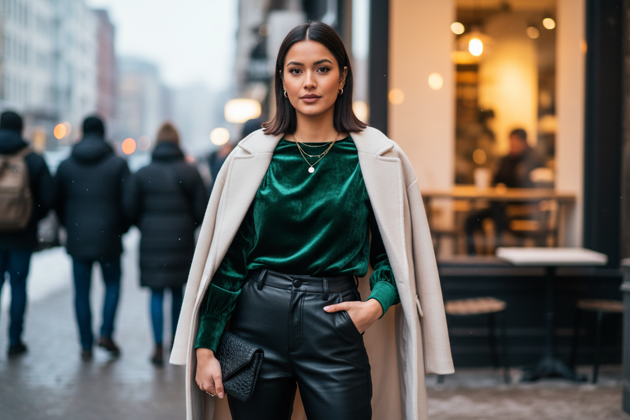 Chic street style inspiration for styling velvet tops for winter with eco-friendly layering ideas