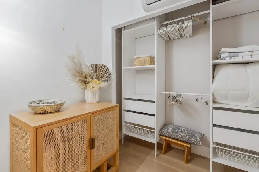 Stylishly organized closet featuring the Fashionfitz blouse collection and minimalist decor